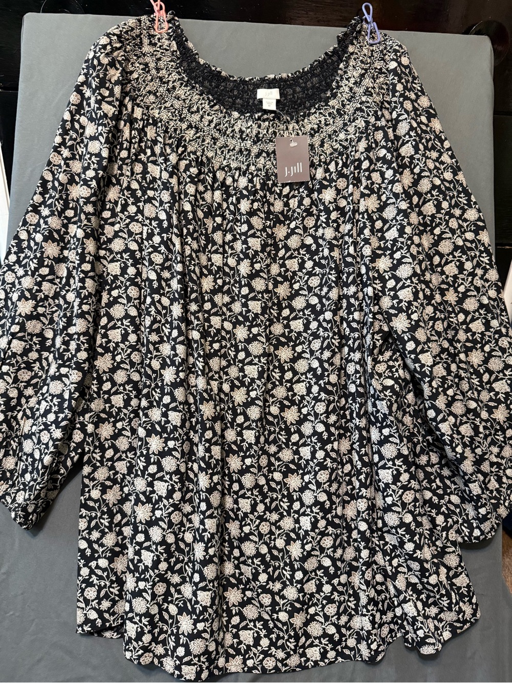 J. Jill Black Blouse with Cream Floral Print